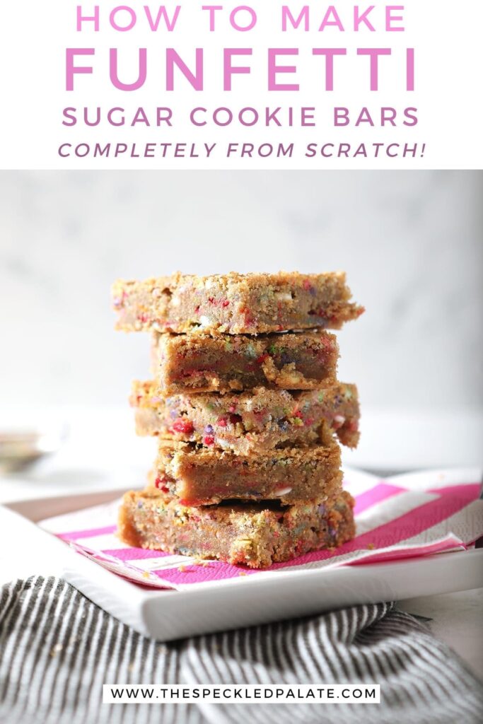 A stack of five cookie bars on striped pink and white napkins with text 'How to Make Funfetti Sugar Cookie Bars completely from scratch'