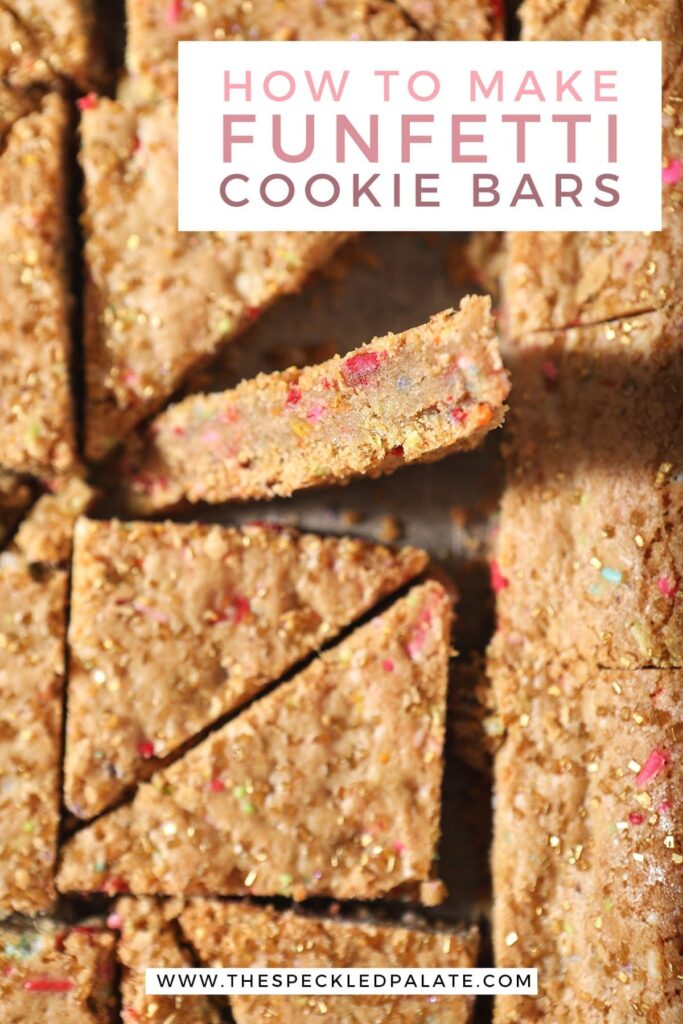 Sliced sugar cookie bars from above with text stating 'How to make Funfetti Cookie Bars'