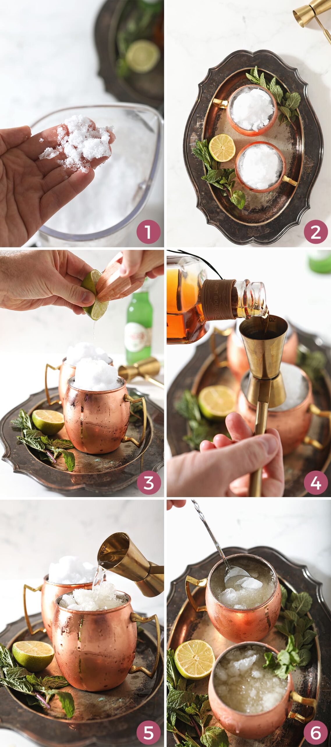 A collage of six images shows how to make snow ice and the components of a Kentucky Mule