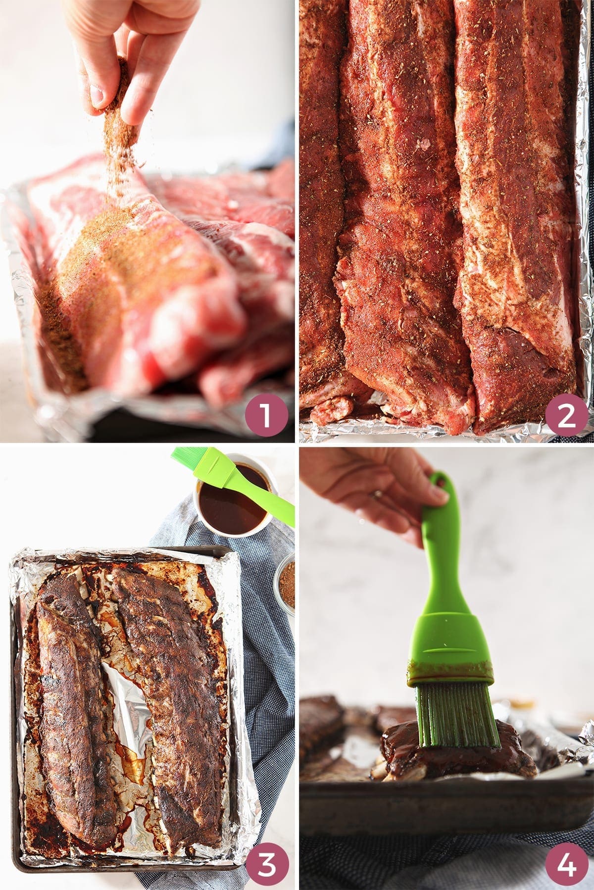 A collage of four images shows how to prepare oven baked ribs recipe before and during their cooking process