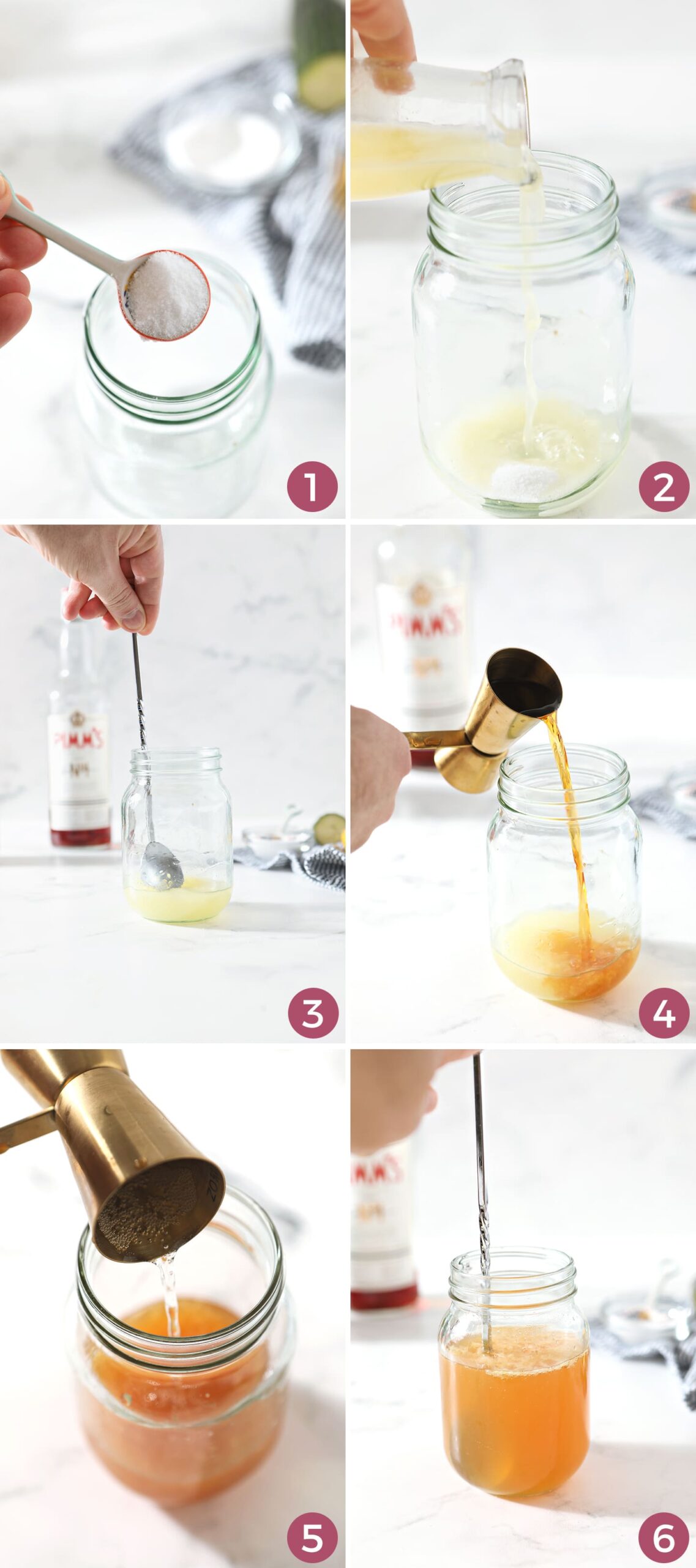 A collage of six images shows how to mix the drink at hand