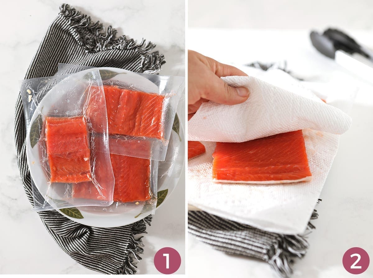 blotting salmon dry with paper towels