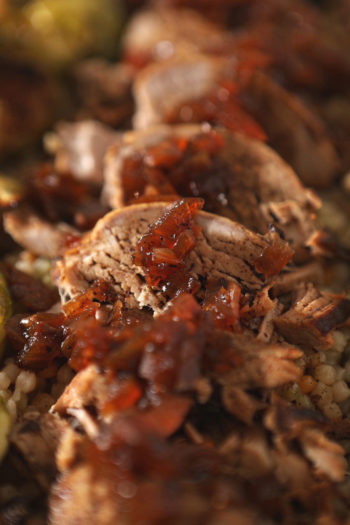 Close up of slow cooker pork tenderloin recipe with onions and sauce