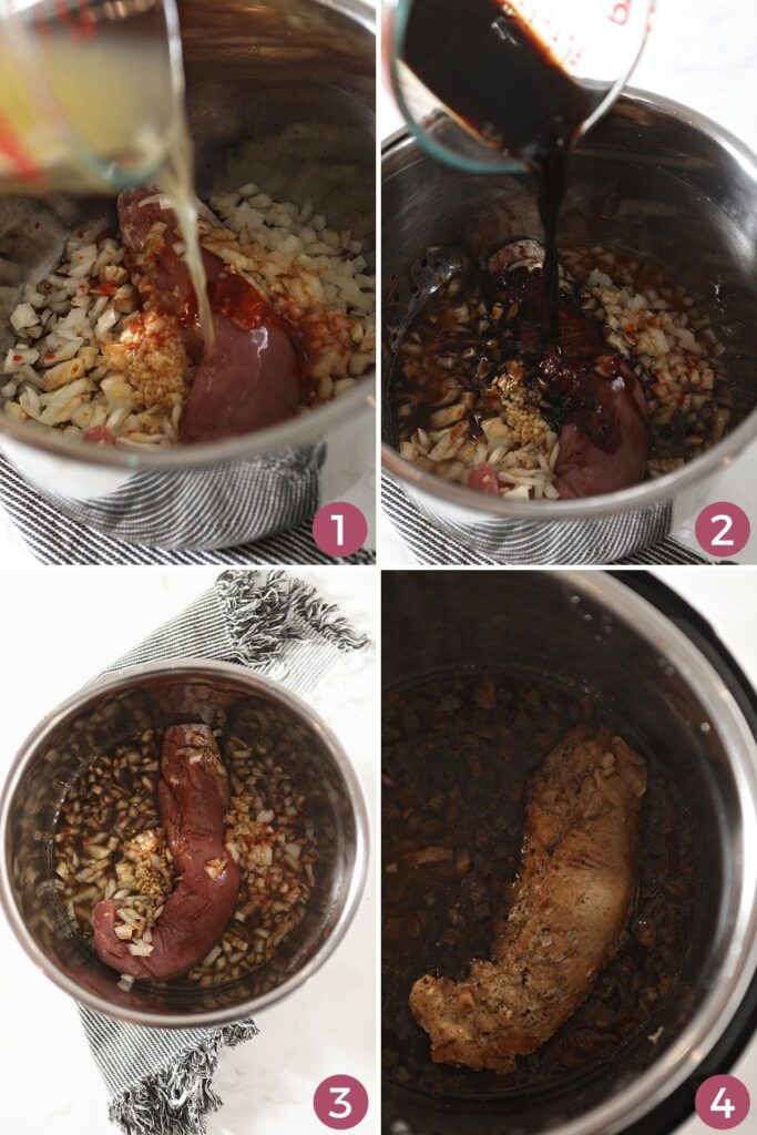 Collage showing how to make Slow Cooker Balsamic Pork Tenderloin