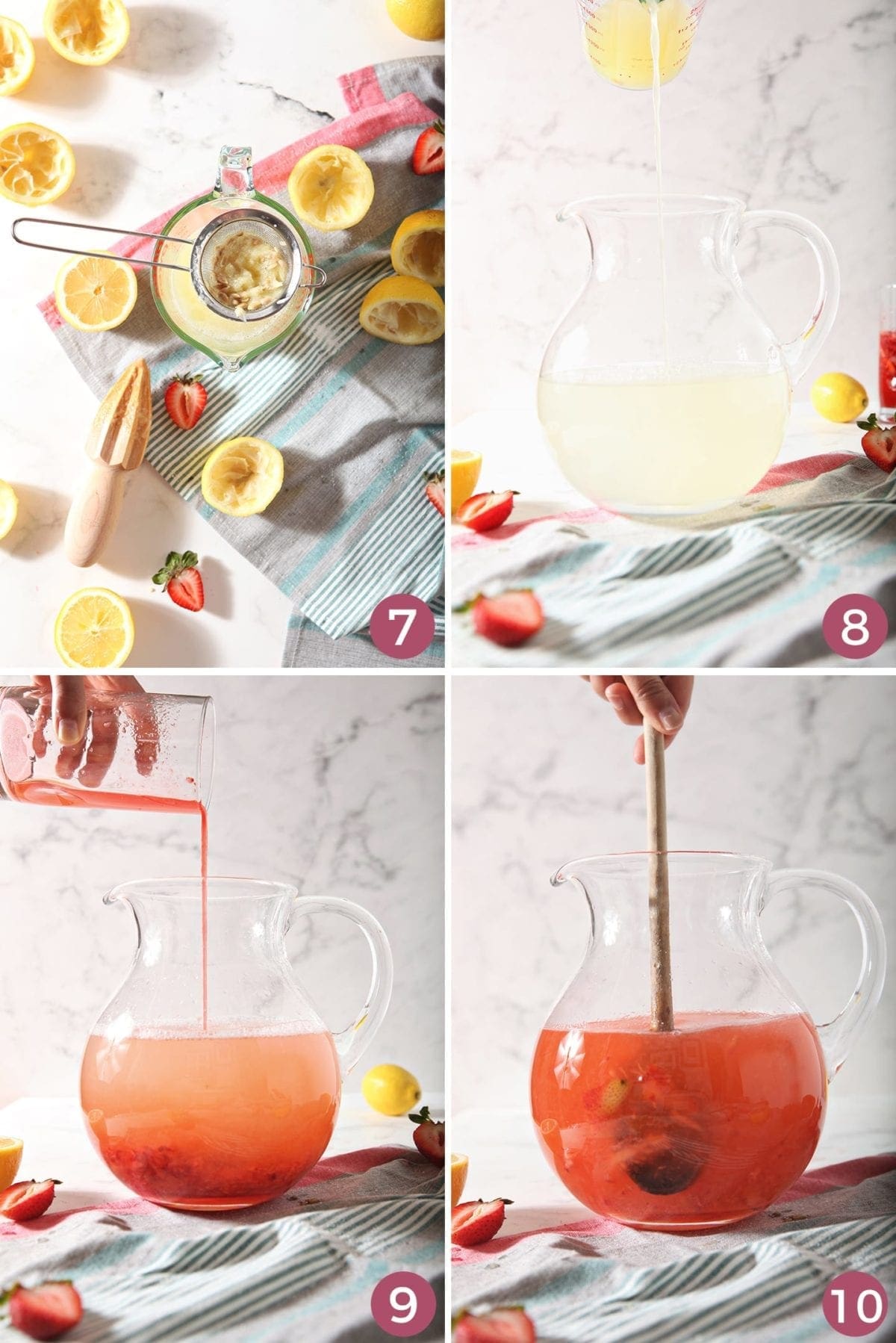 A collage of four images showing how to mix the lemonade