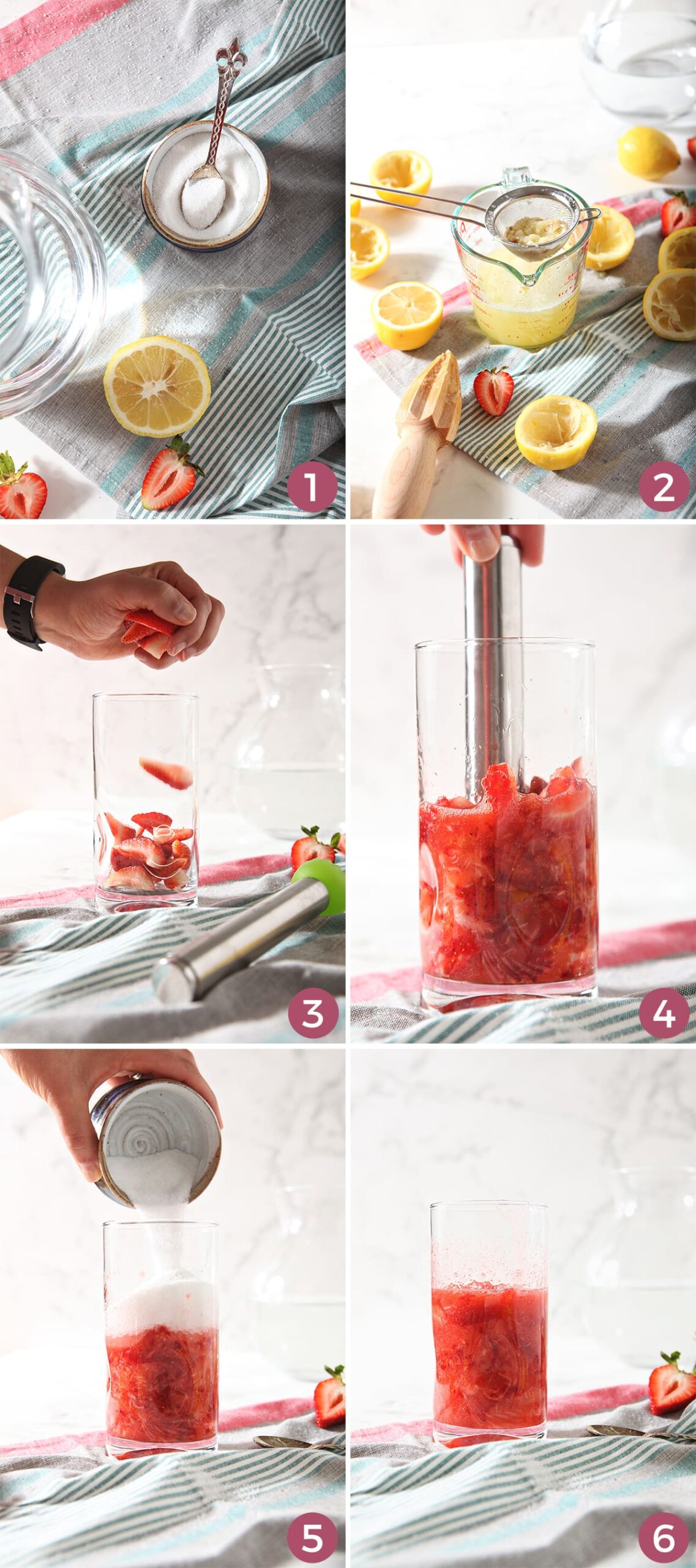 Collage showing how to muddle strawberries and prep ingredients for lemonade