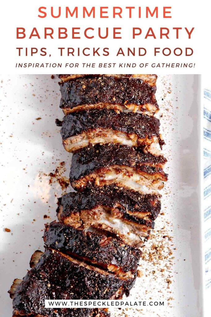 Close up of a rack of ribs with the text "summertime barbecue party tips tricks and food for the easiest entertaining"