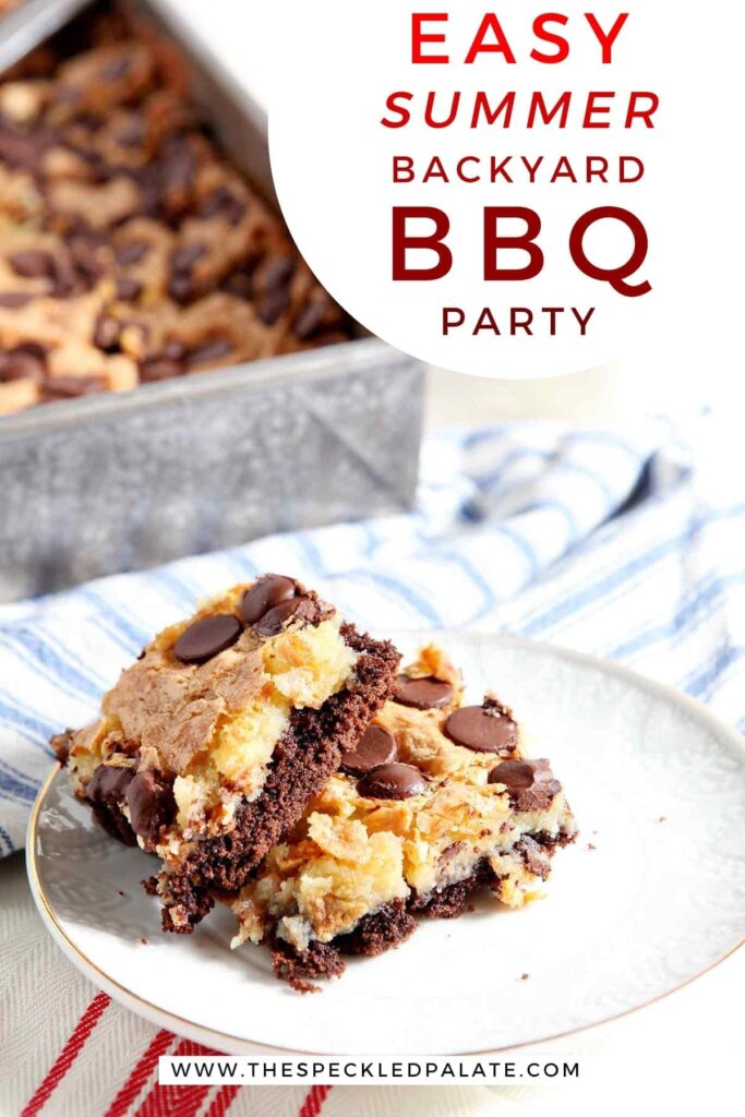 A white plate holds two cheesecake bars with chocolate chips and a chocolate crust, with text "easy summer backyard bbq party"