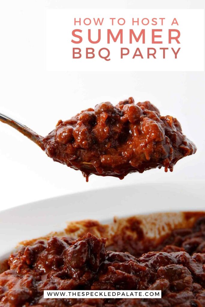 A spoon holds a serving of beans over a container of them with the words "how to host a summer bbq party"