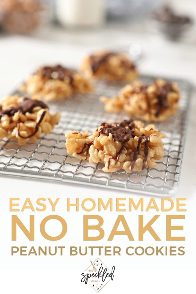 Chocolate Peanut Butter No Bake Cookies sit on a silver grate on a marble surface before eating with the text "easy homemade no bake peanut butter cookies"