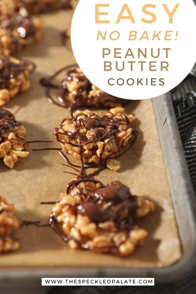 No Bake Peanut Butter Cookies drizzled with chocolate and butterscotch on a baking sheet with the text "easy no bake peanut butter cookies"