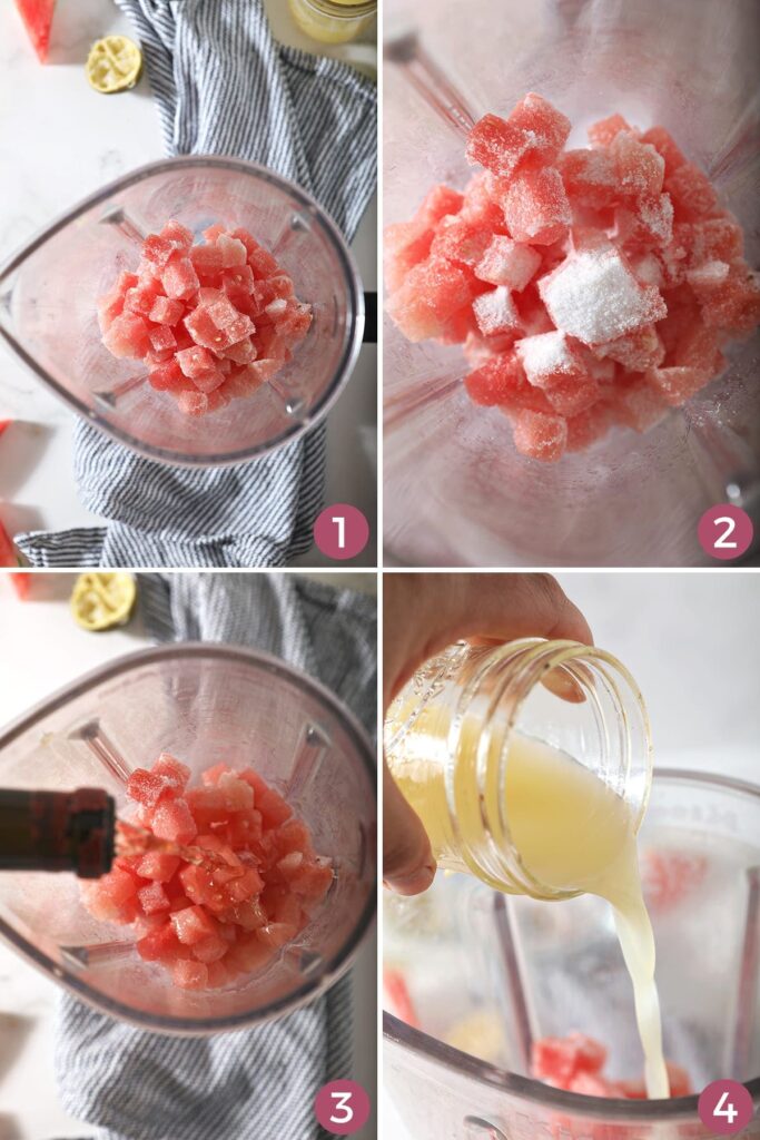 Collage of four images showing how to make frose in a blender