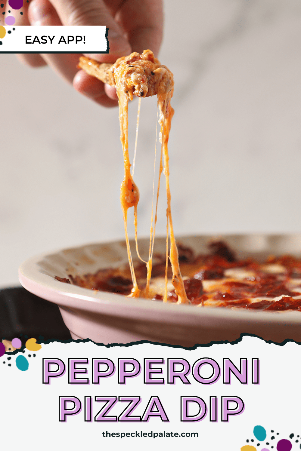 A breadstick lifts cheesy Pepperoni Dip out of a pie plate with the text 'pepperoni pizza dip'