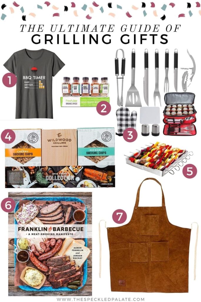 Collage of 7 gifts for grillmasters and grill lovers, including tools, apparel, a cookbook and more