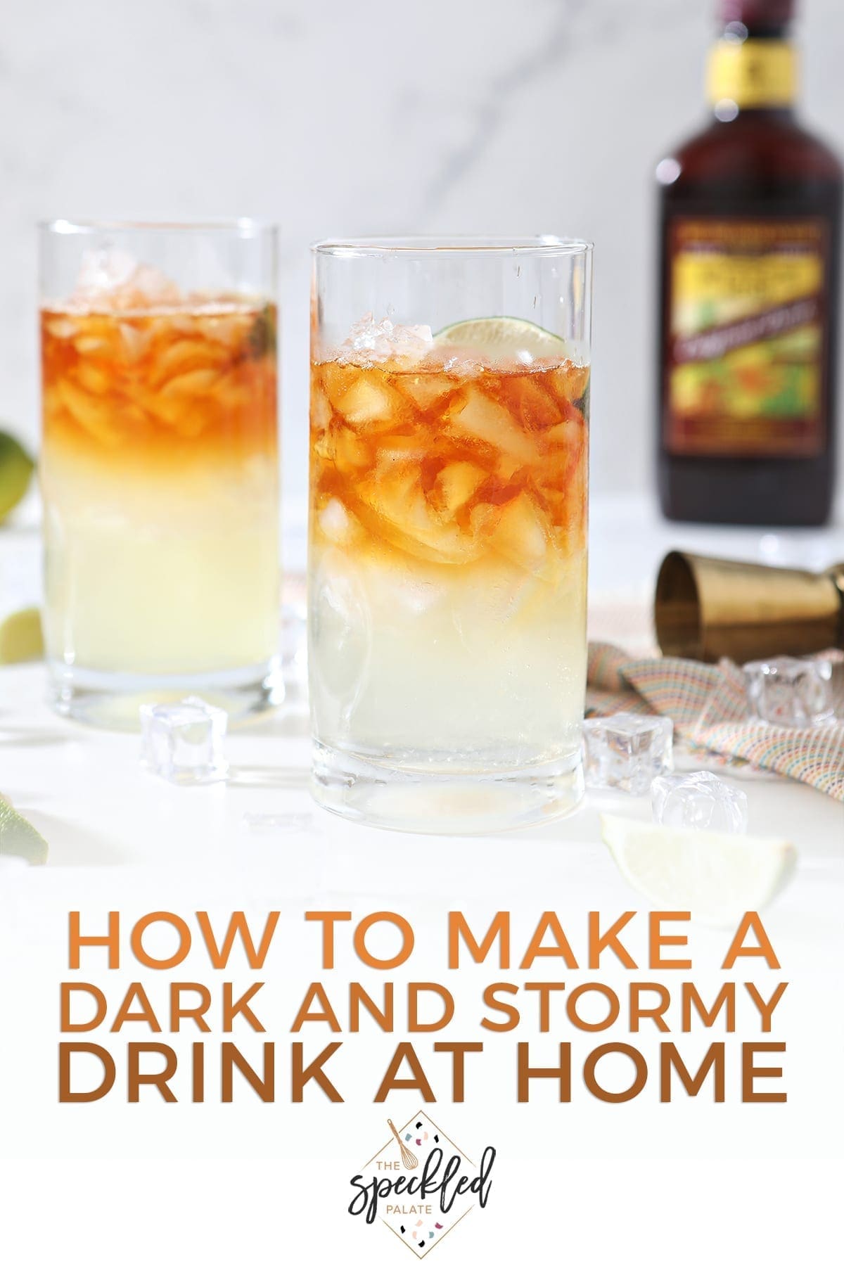 Two highball glasses hold Rum Moscow Mules on marble with a rum bottle behind them and the text 'how to make a dark and stormy drink at home'