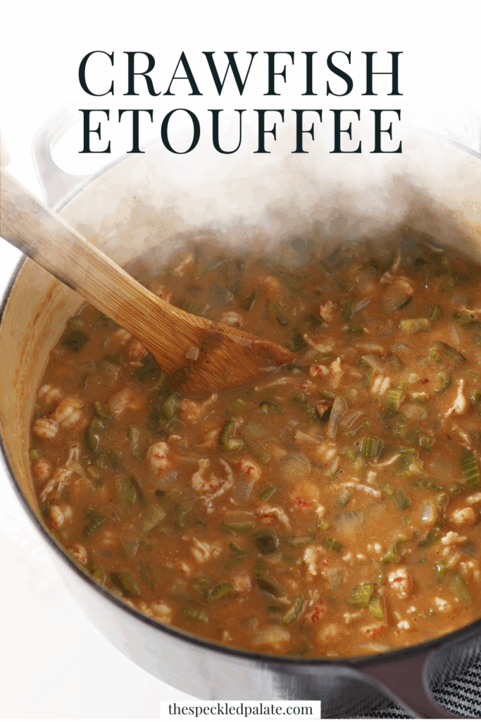 A wooden spoon stirs crawfish etouffee in a pot, with the text "how to make louisiana-style crawfish etouffee"