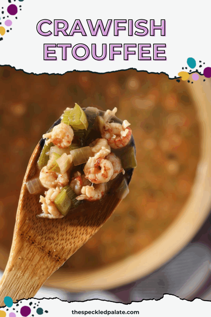 Overhead of a wooden spoon holding crawfish etouffee over a pot, with the text "how to make etouffee with crawfish tails"