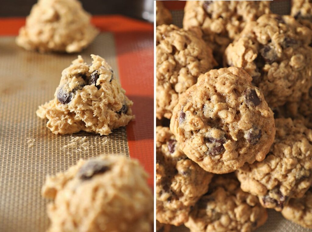 Collage showing Oatmeal Chocolate Chip Cookies before and after baking