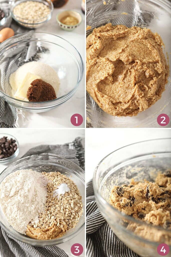 Collage showing how to make oatmeal chocolate chip cookies