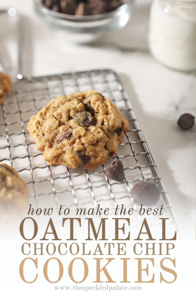 Close up of an Oatmeal Chocolate Chip Cookie on a wire grate with chocolate chips and the text 'how to make the best oatmeal chocolate chip cookies;