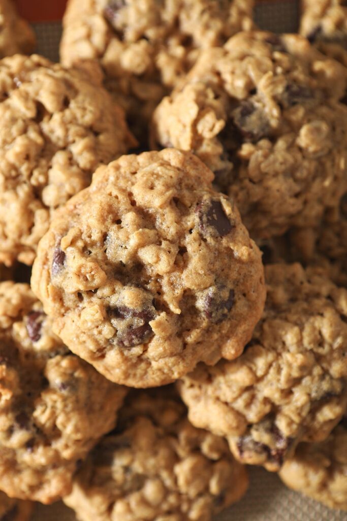 Close up of a stack of Oatmeal Chocolate Chip Cookies