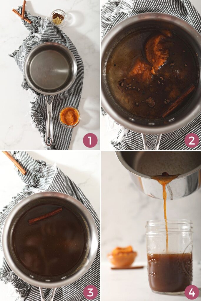 Collage showing how to make homemade pumpkin spice syrup