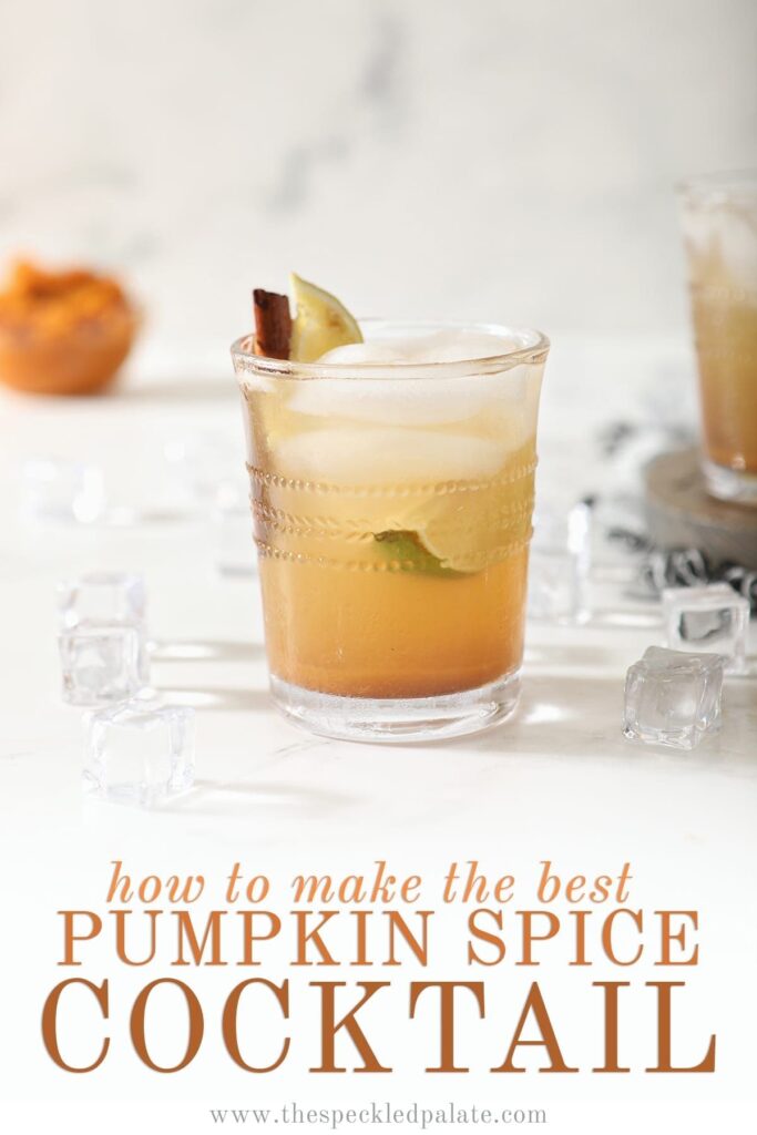 A lone Pumpkin Spice Mule sits on marble with a bowl of pumpkin puree behind it with the words 'how to make the best pumpkin spice cocktail'