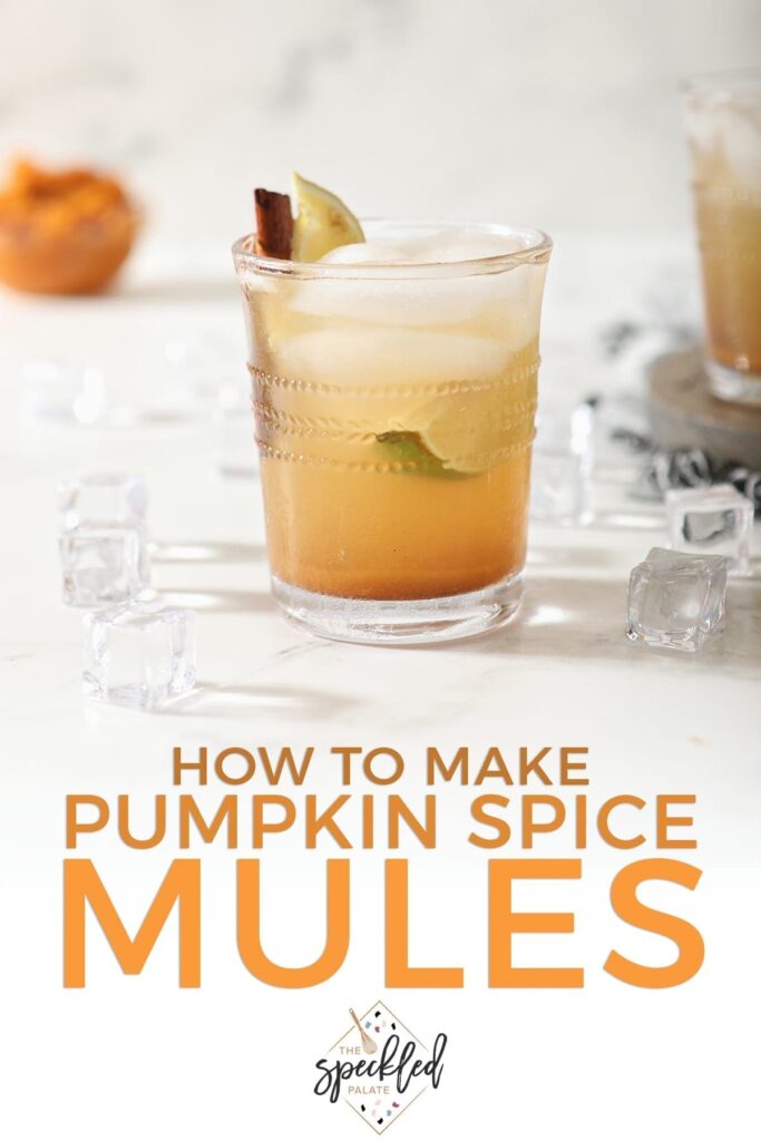 A singular glass of Pumpkin Spice Mule on marble with a bowl of pumpkin puree behind it with the words 'how to pumpkin spice mules'