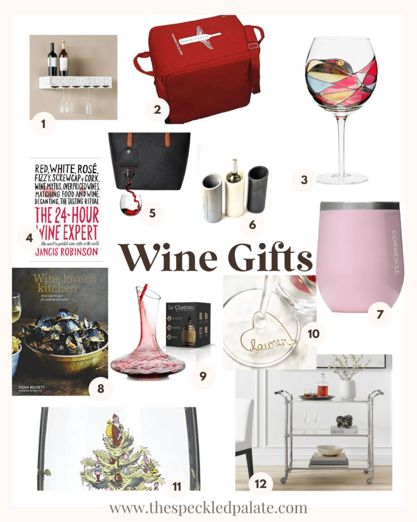 Collage showing 12 gifts for wine lovers on a white background