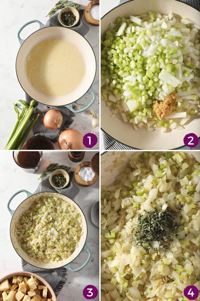 Collage showing how to cook the vegetables down to make stuffing