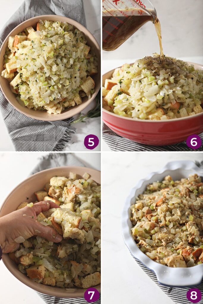 Collage showing how to put together a brioche bread stuffing before baking