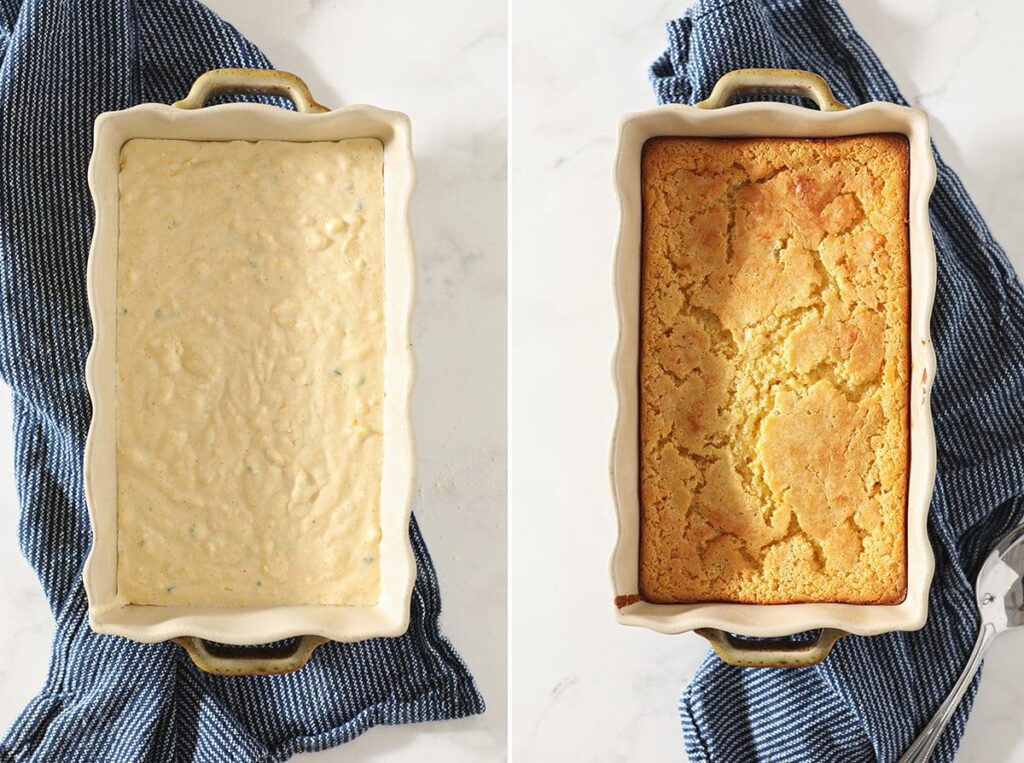 Collage showing Cornbread Casserole before and after baking