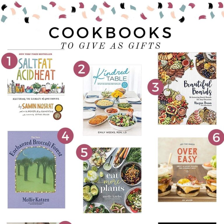 Square collage of six cookbooks with the text 'cookbooks to give as gifts'