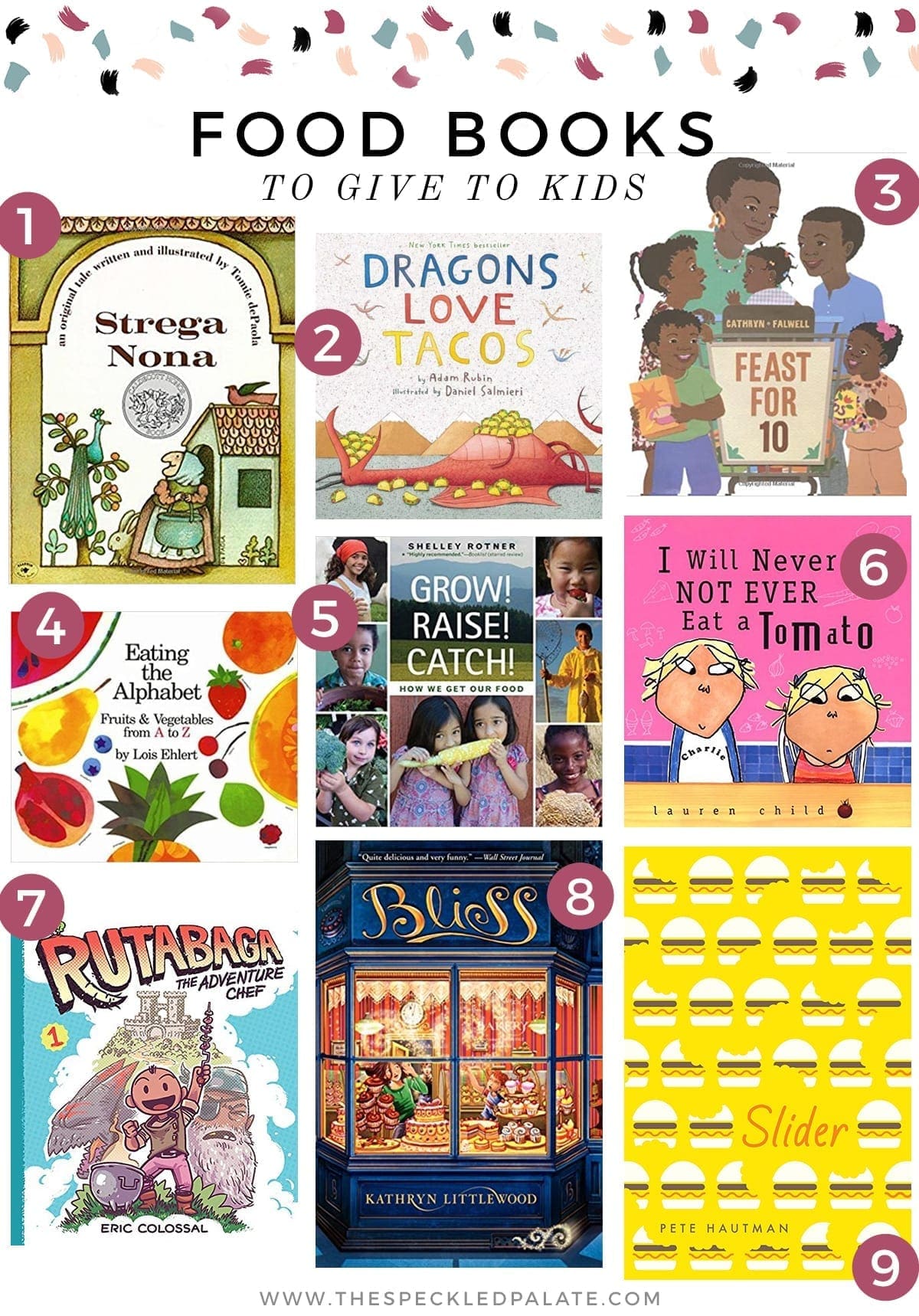 A collage of nine images showing the covers of nine food-related books for kids of all ages