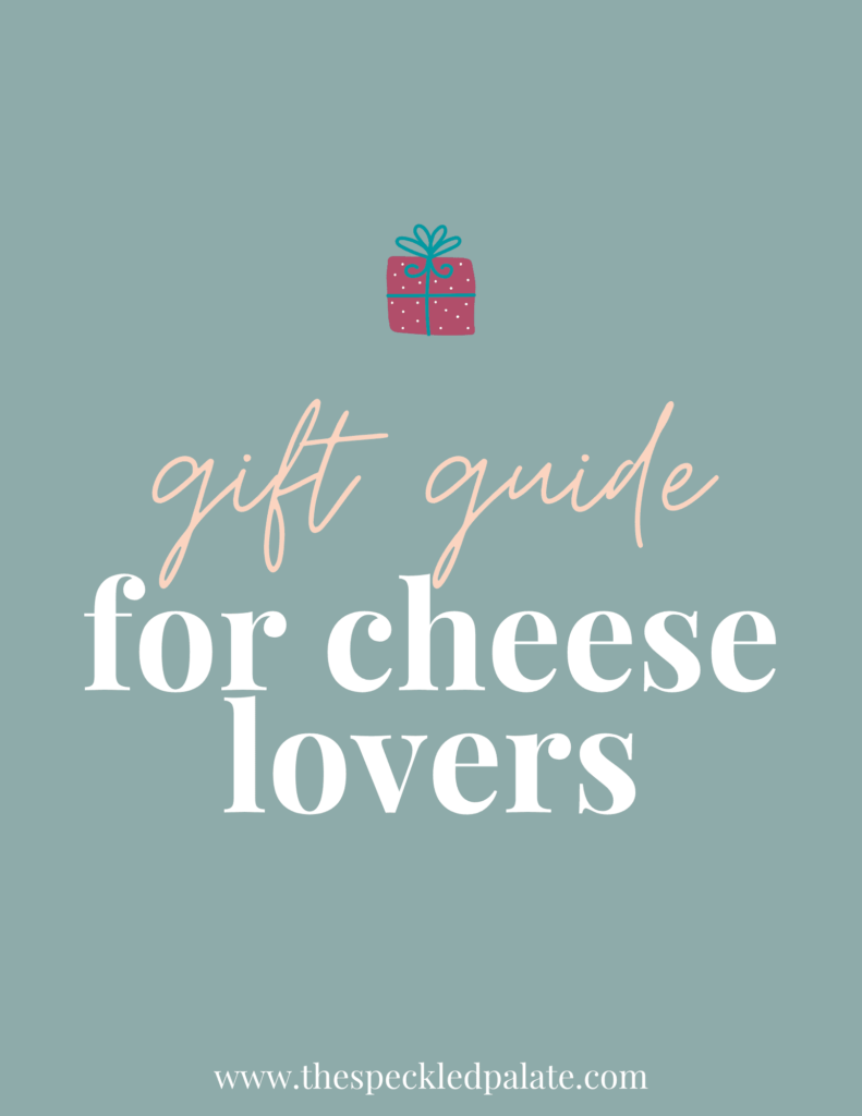A graphic with the text 'gift guide for cheese lovers' with a colorful present on a teal background