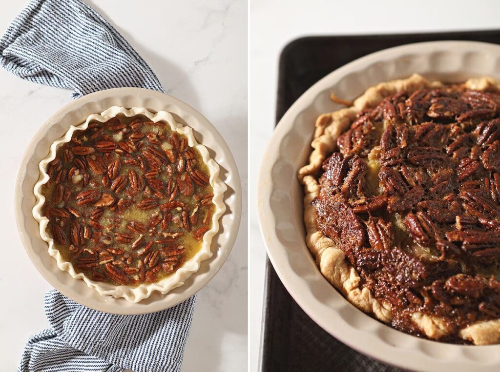 Collage showing pecan pie with bourbon before and after baking