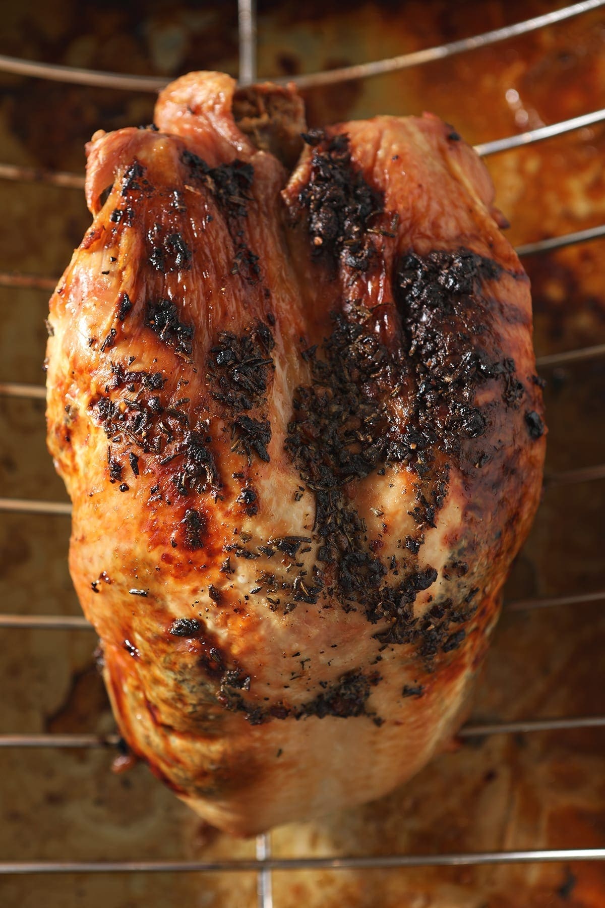 A roasted turkey breast with herb butter sits on a roasting pan