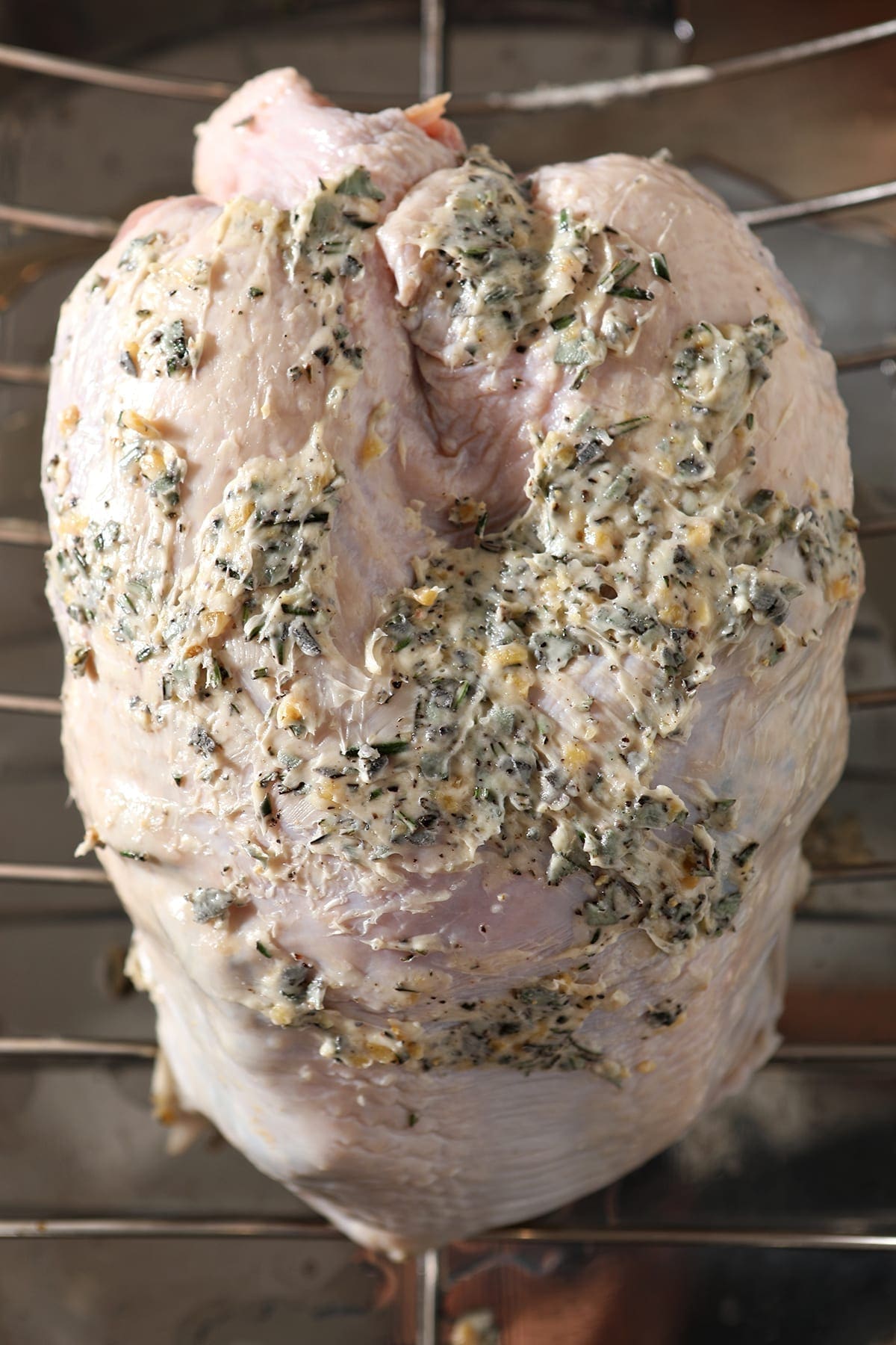 An herb butter-rubbed turkey breast sits on top of a roasting pan before baking