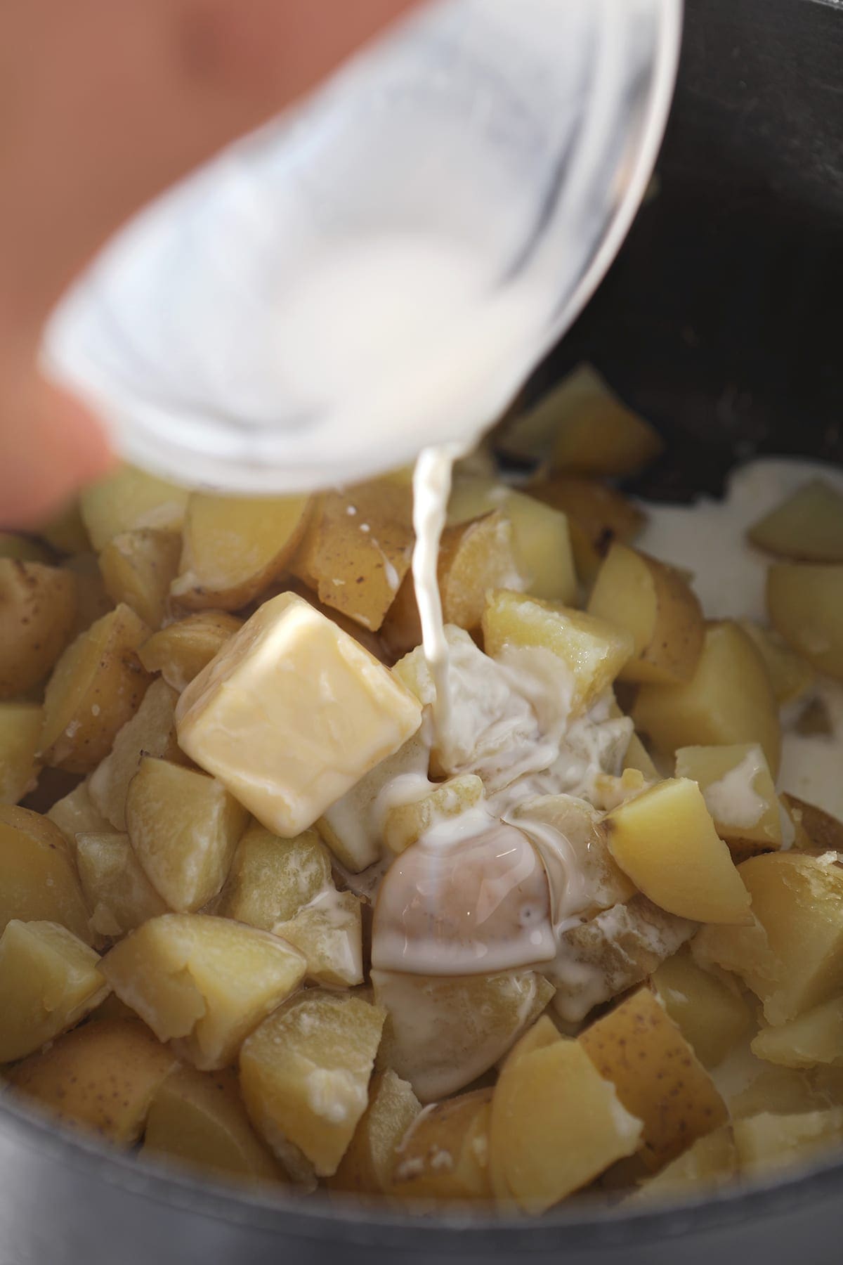 Milk is poured over boiled potatoes in a pot