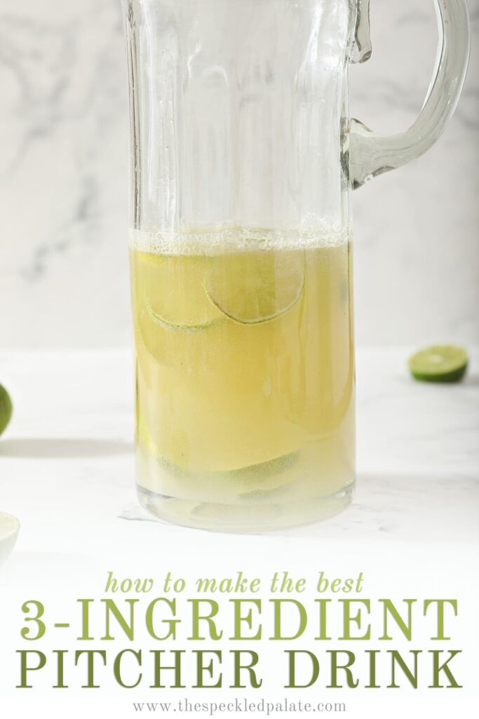 A Moscow Mule Pitcher with lime rounds inside the pitcher on marble with the text 'how to make the best 3-ingredients pitcher drink'