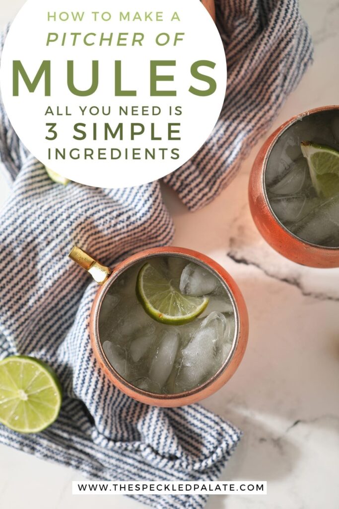 Three Moscow Mules garnished with lime wedges in copper mugs sit on a blue and white striped towel with the text 'how to make a pitcher of moscow mules. all you need is 3 simple ingredients'