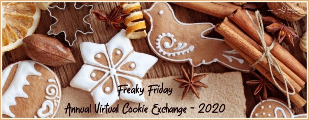 Decorated gingerbread cookies with the text 'Freaky Friday Virtual Cookie Exchange 2020'