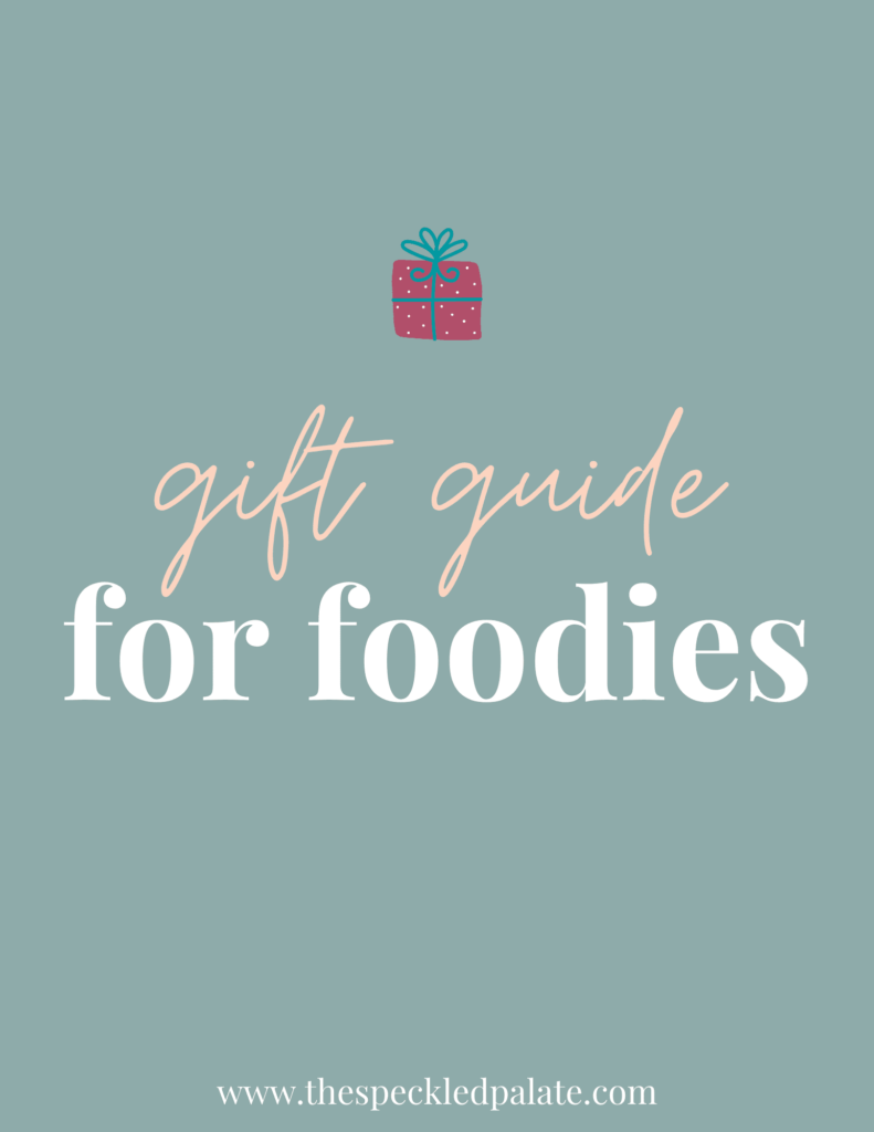 A graphic with the text Gift Guide for Foodies" next to a present on a teal background