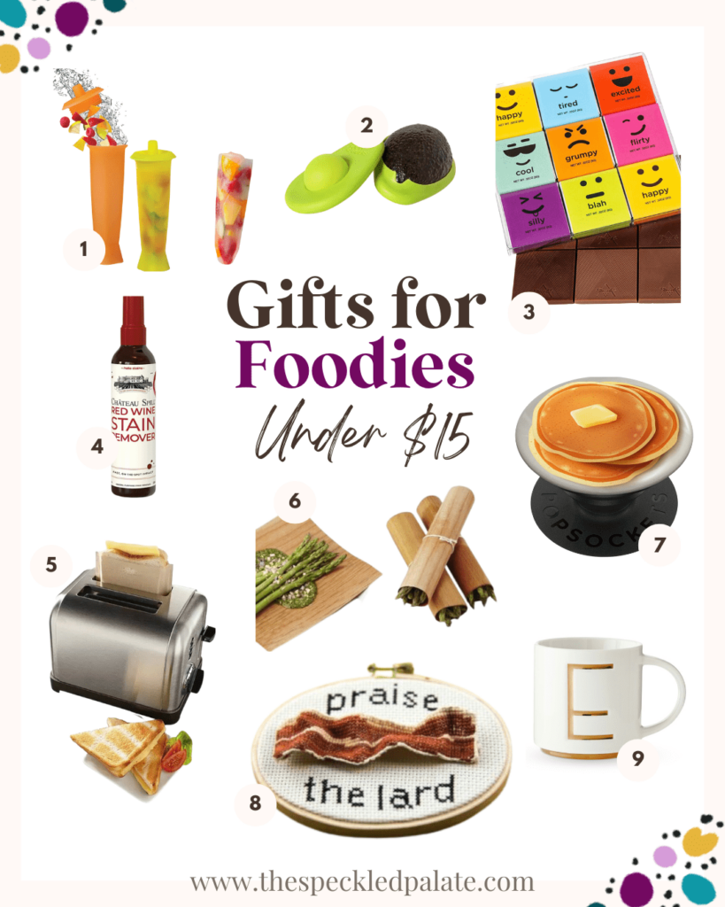 collage of nine items that make great gifts for foodies under $15