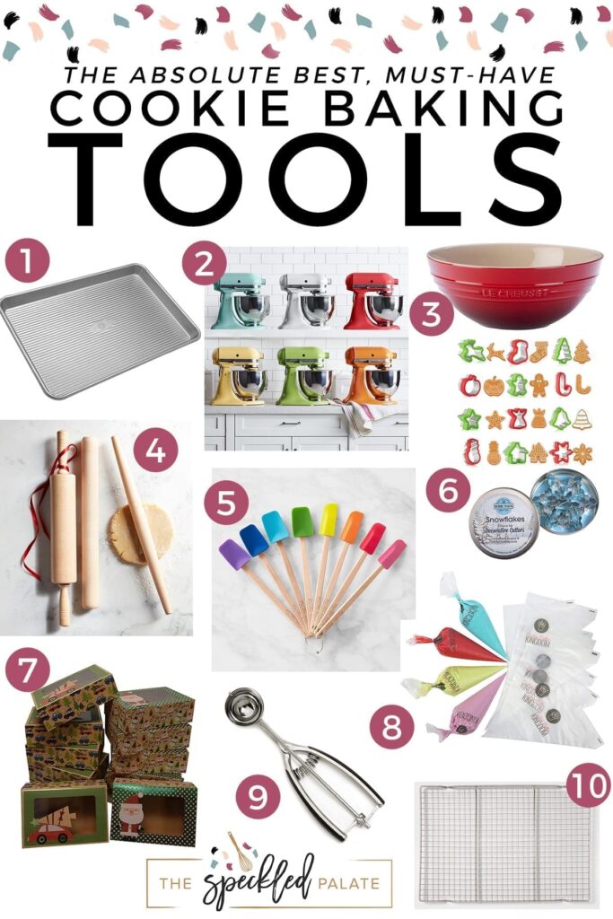 Vertical collage of products for cooking baking with the text 'the absolute best, must-have cookie baking tools'