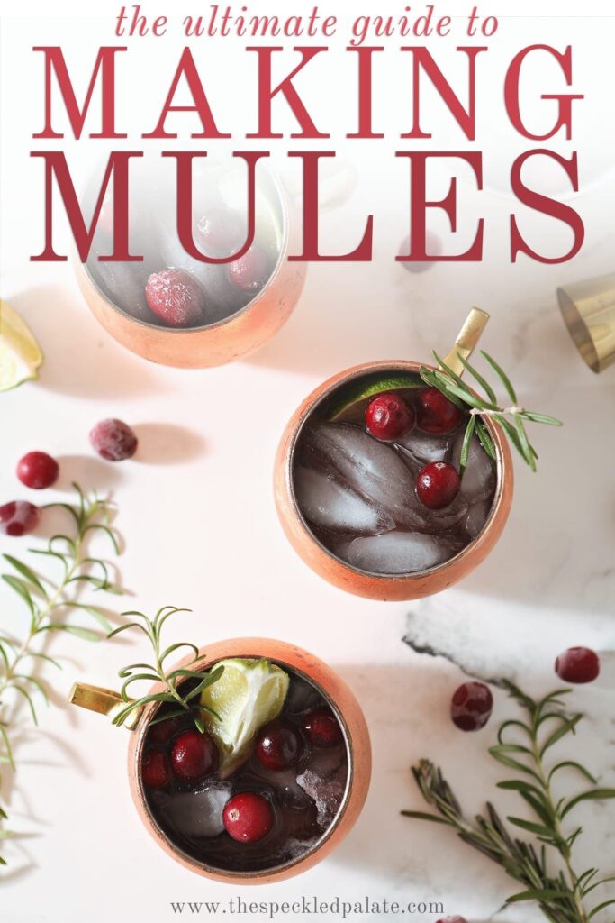 Three Cranberry Mules sit on a marble surface next to a bowl of cranberries, a gold jigger, rosemary sprigs and more cranberries with the text 'the ultimate guide to making mules'