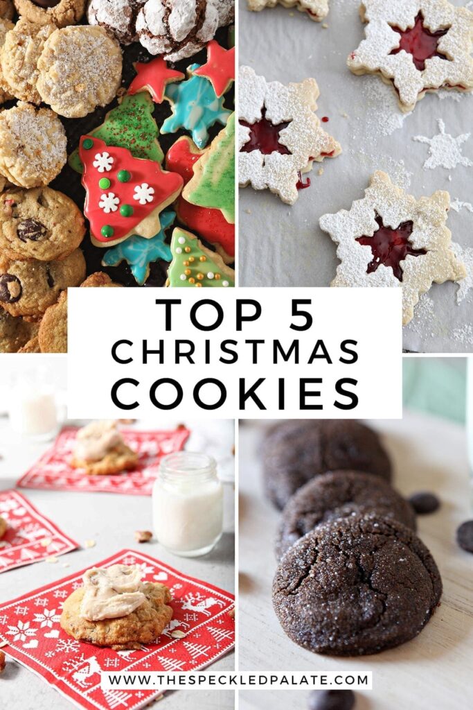 Collage of four cookie recipes with the text 'top 5 christmas cookies'