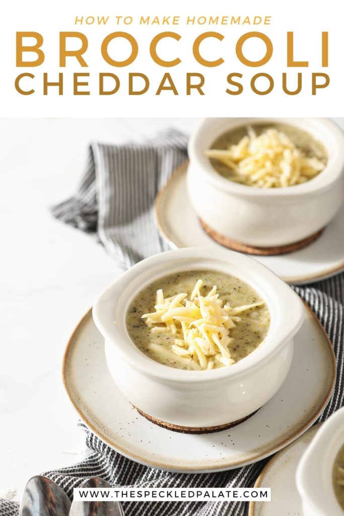 Three white ramekins on pottery plates hold servings of Easy Broccoli Cheddar Soup on top of a gray striped towel with the text 'how to make homemade broccoli cheddar soup'