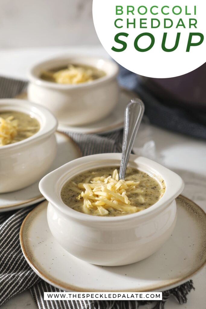 White bowls on pottery plates hold broccoli soup, garnished with extra cheese, on top of gray striped towels and next to a purple Dutch oven with the text 'broccoli cheddar soup'