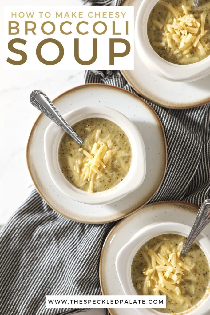 Three bowls on white plates hold servings of soup with additional cheese as garnish sit on top of a gray striped towel with the text 'how to make cheesy broccoli soup'